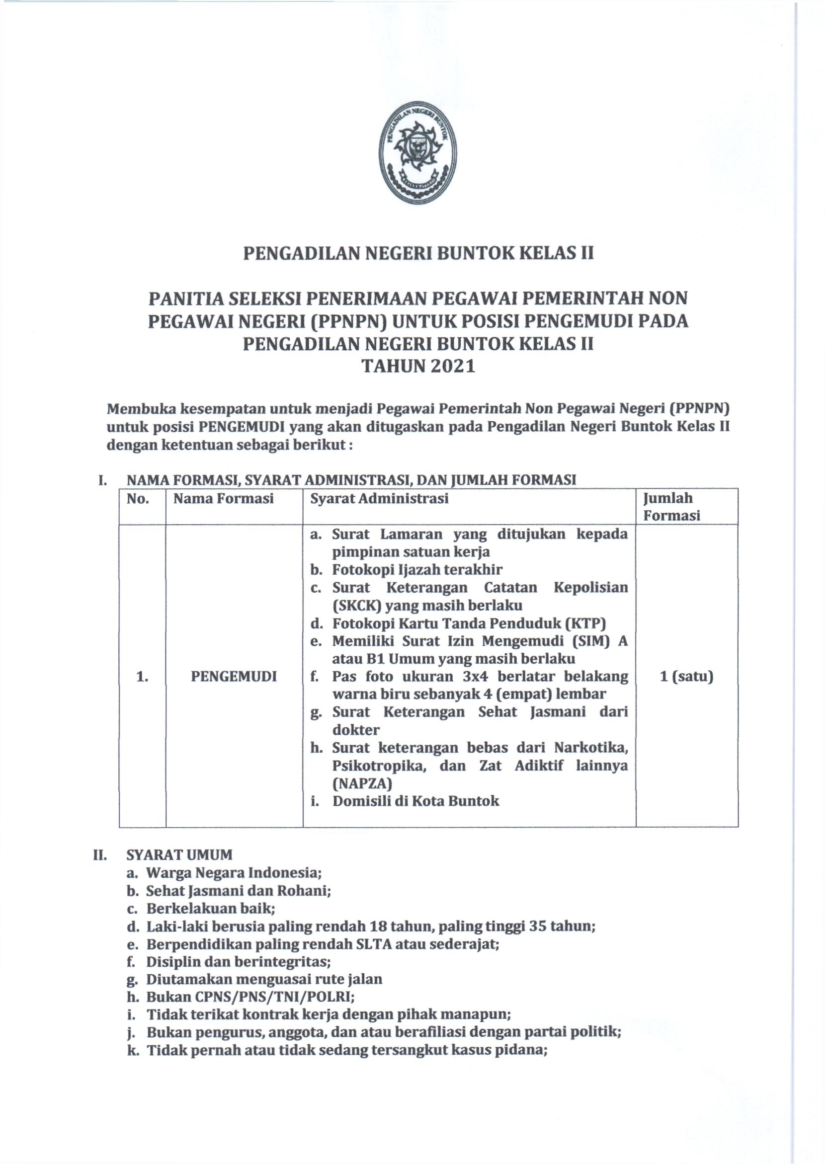 PENGUMUMAN PPNPN PENGEMUDI PN BUNTOK 0001